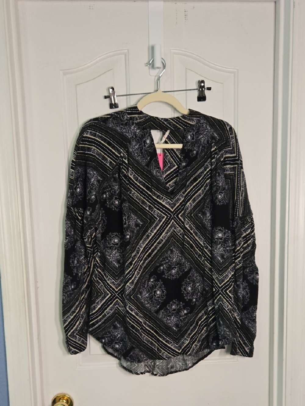 Free People Black and White Geometric Floral Long Sleeve Blouse